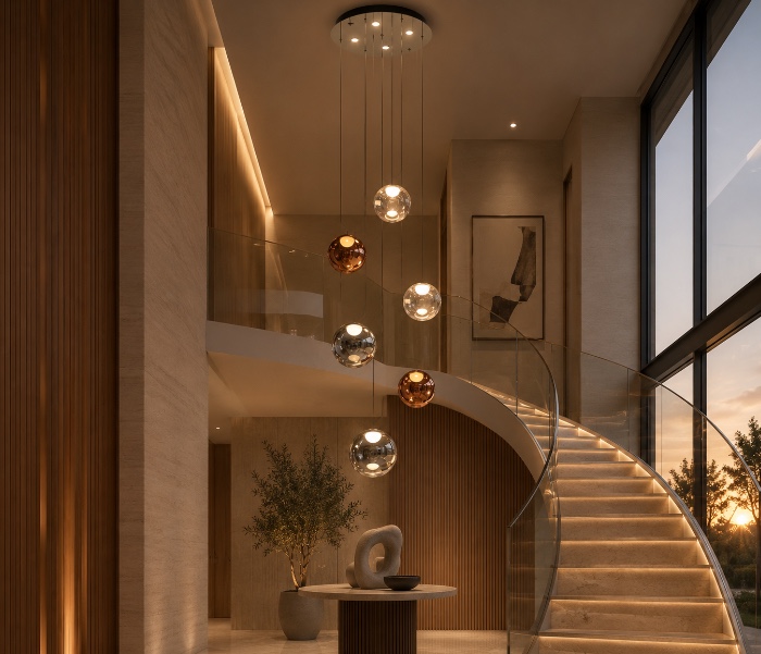 Mixed Metallic Cascading Stairwell Chandelier